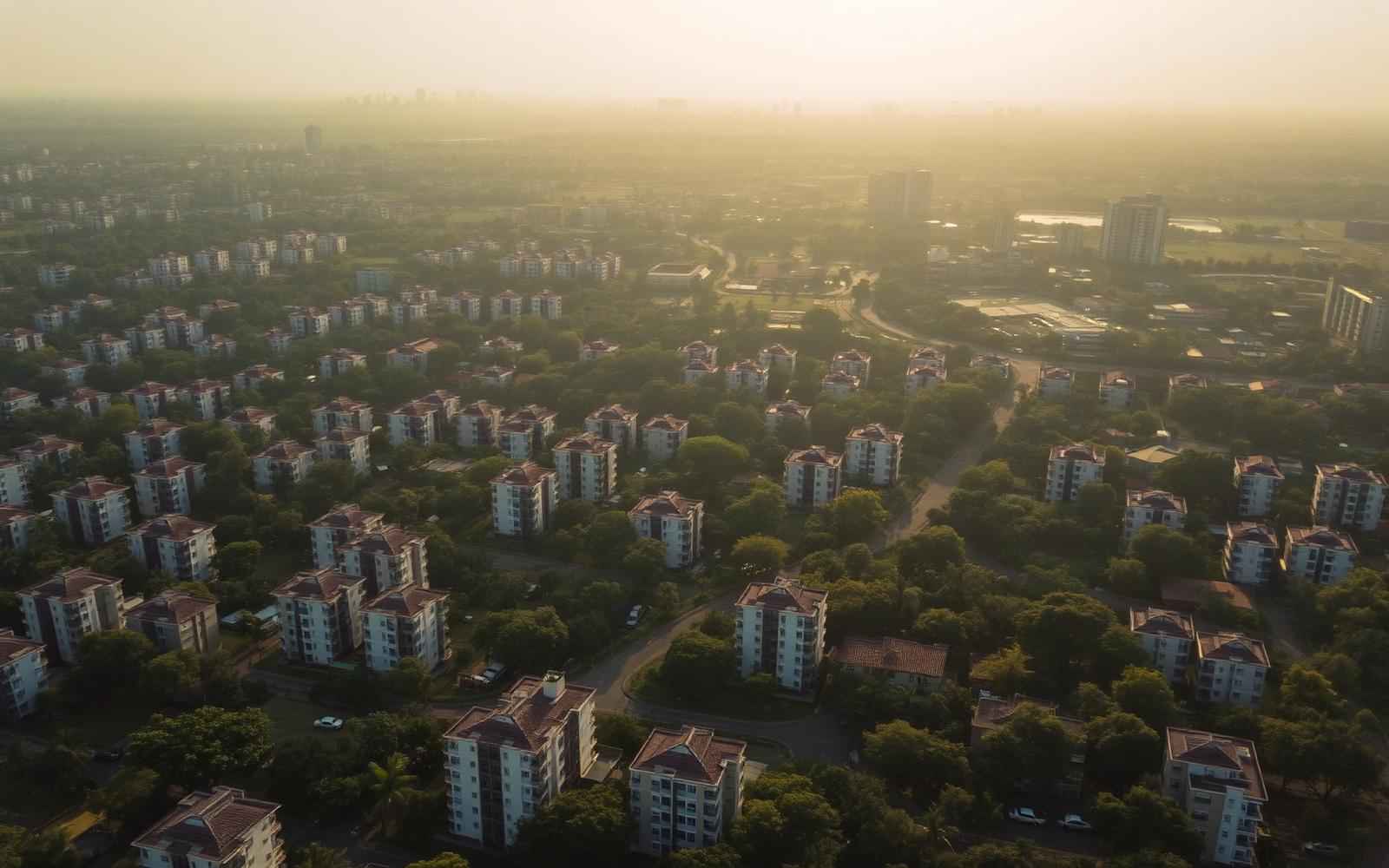 Aerial view of East Bangalore neighbourhood at golden hour